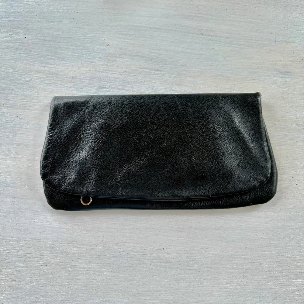 NO BRAND, WOMENS, GENUINE BLACK LEATHER, FOLDOVER CLUTCH BAG.